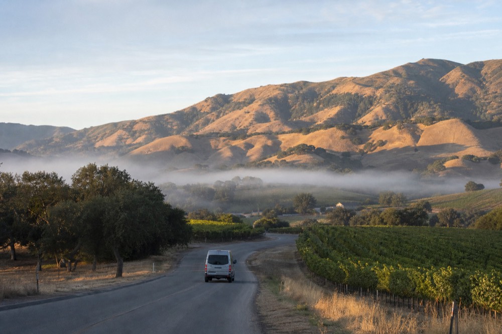 A small touring van on a valley road winding between vineyard blocks and oak trees under a wide sky, no text, no logos, no people