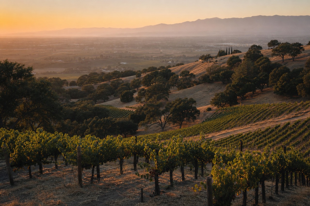 Rows of vineyard vines running down a golden oak-studded hillside toward a hazy valley floor in the late afternoon, no text, no logos, no people