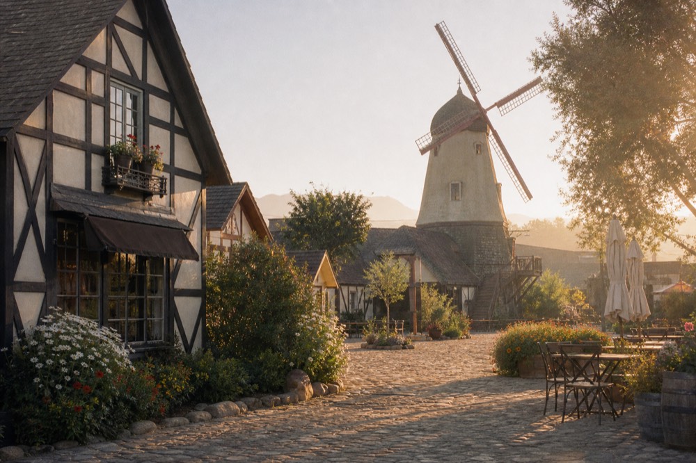 A Danish-style village street with half-timbered buildings and a wooden windmill under soft morning light, no text, no logos, no people
