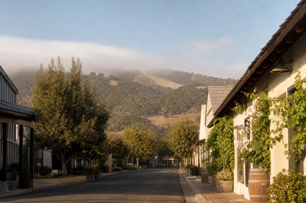 A small walkable valley main street lined with low storefronts and flower boxes under warm afternoon light with oak hills behind, no text, no logos, no people