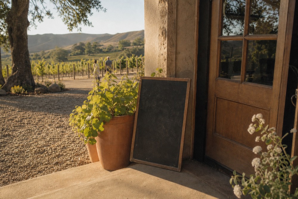 A hand-lettered slate propped by an estate tasting-room door reading nothing legible, beside potted vines and a gravel path, soft morning light, no text, no logos, no people