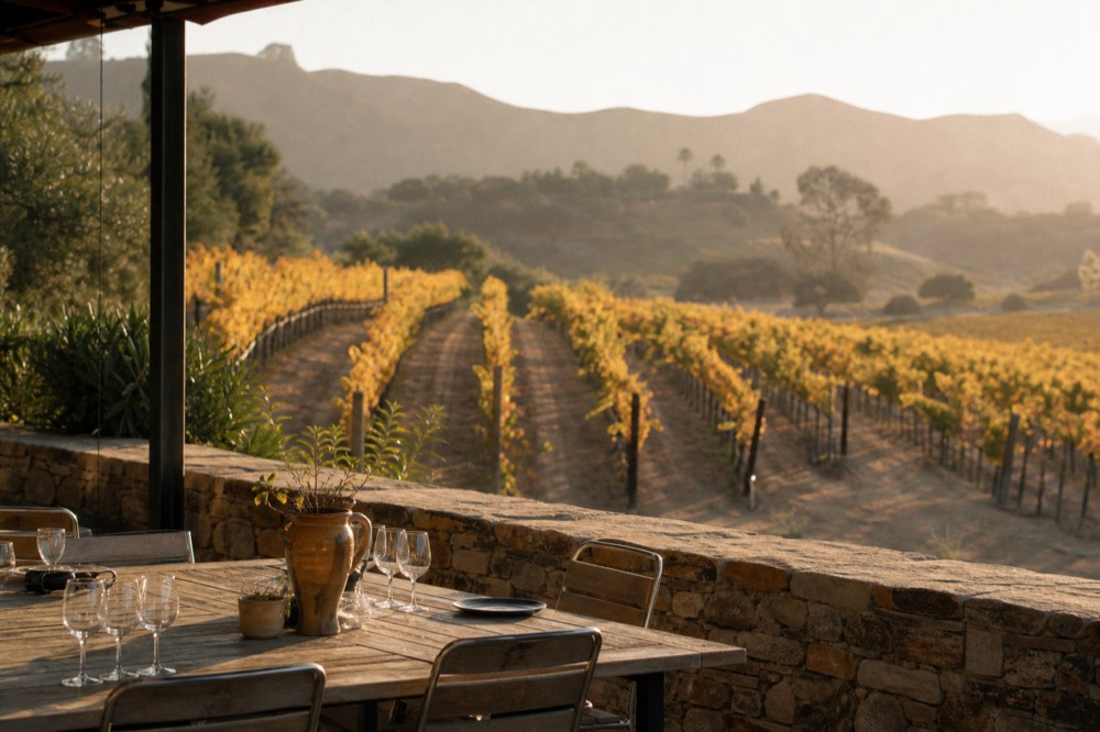 Vineyard rows turning gold in autumn harvest light with a small tasting terrace in the foreground set for guests, no text, no logos, no people