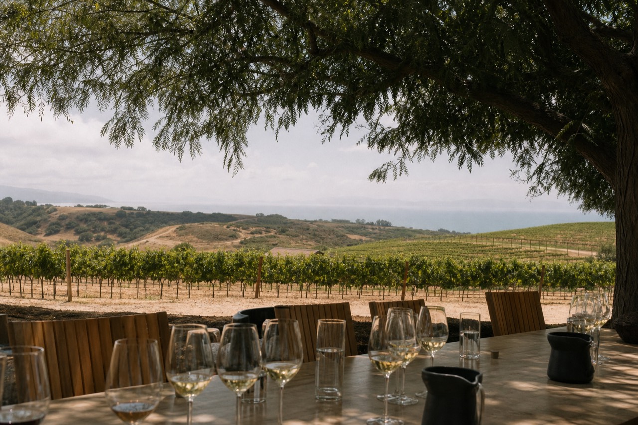 A seated tasting table set with reserved glasses on a shaded vineyard estate patio overlooking rows of vines, warm afternoon light, no text, no logos, no people