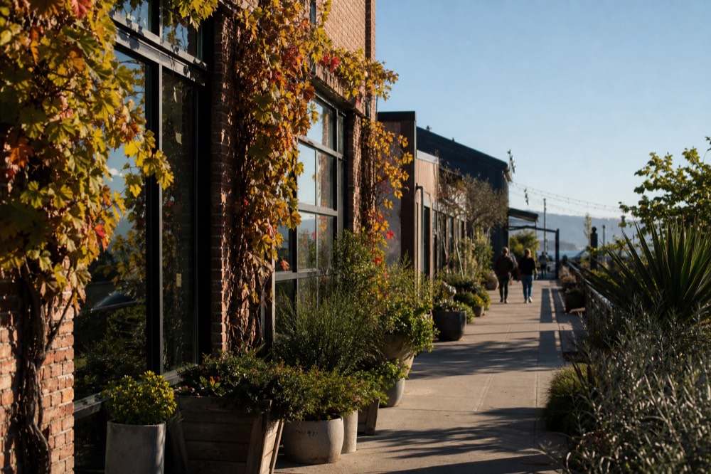 A sunny urban side street lined with brick and warehouse-style tasting-room fronts near the waterfront, potted plants along the sidewalk, no text, no logos, no people