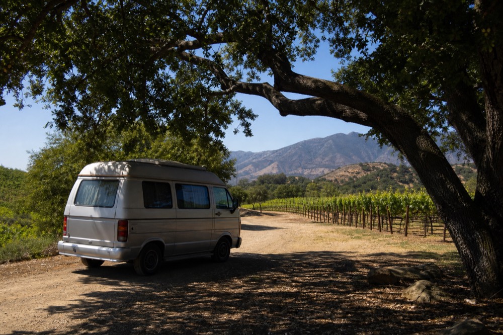 A small touring van parked beside oak-shaded vineyard rows on a valley ranch road in warm afternoon light, no text, no logos, no people