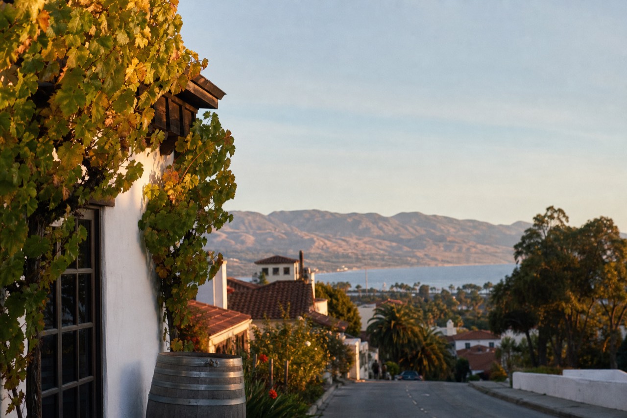 A coastal city street ending at the waterfront with golden inland hills rising in the far distance beyond the rooftops, no text, no logos, no people