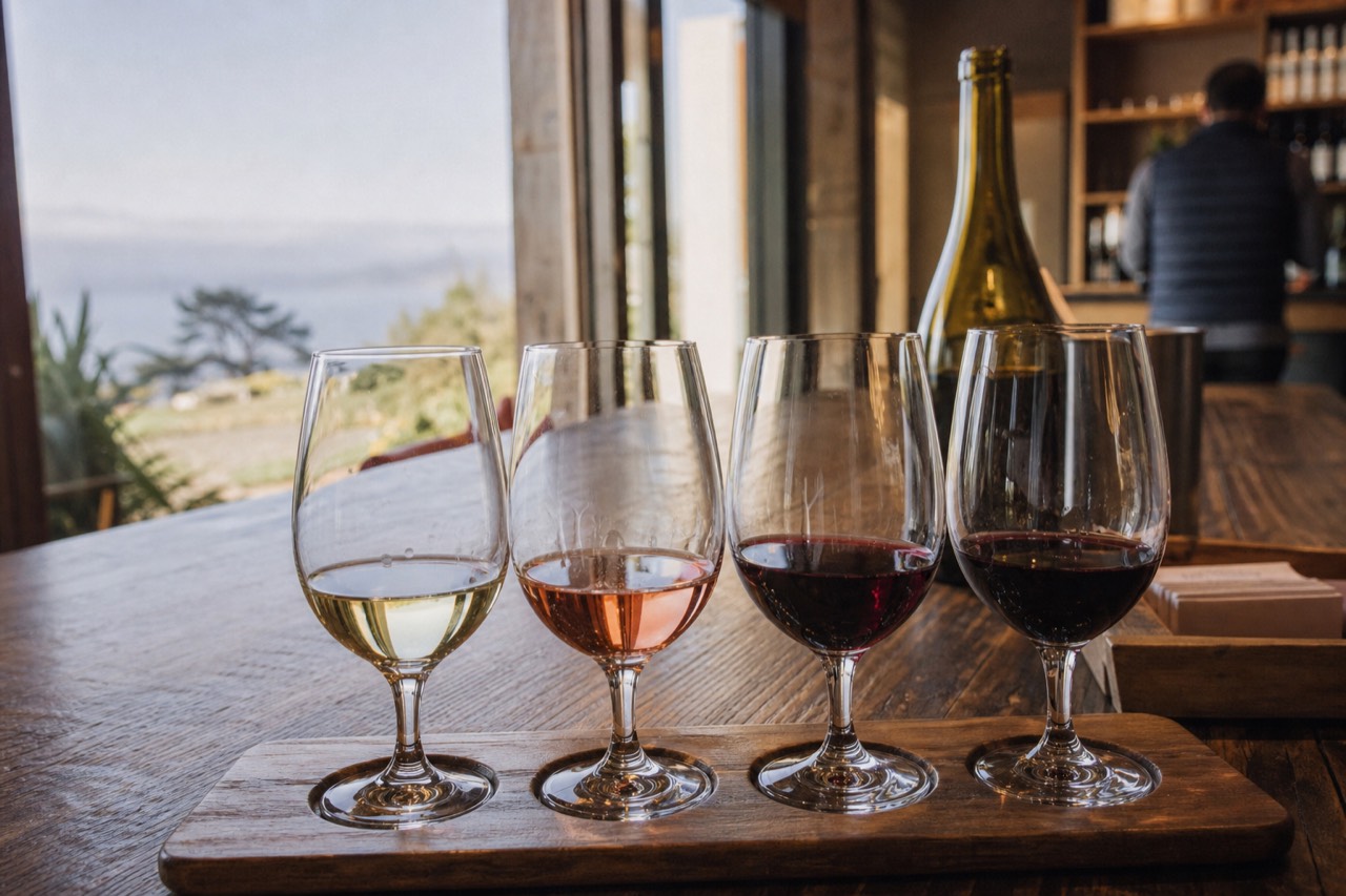 A tasting flight of four wine glasses on a rustic wooden counter with an open bottle and a small receipt tray blurred behind, warm cellar light, no text, no logos, no people