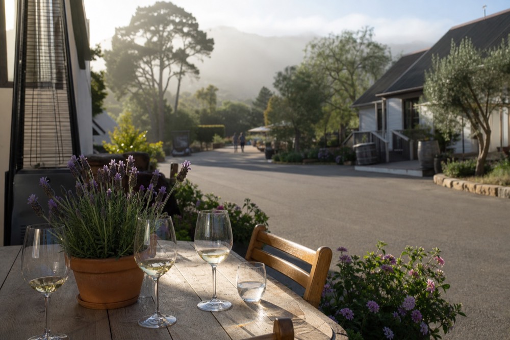A sunlit outdoor tasting patio with wooden tables and potted flowers on a village side street, glasses catching the light, no text, no logos, no people