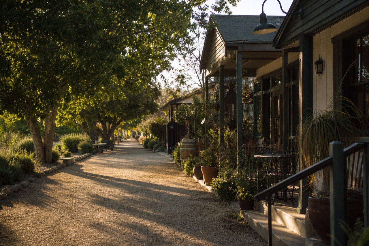 A tree-shaded Los Olivos village street lined with small tasting-room storefronts and cafes in warm afternoon light, no text, no logos, no people