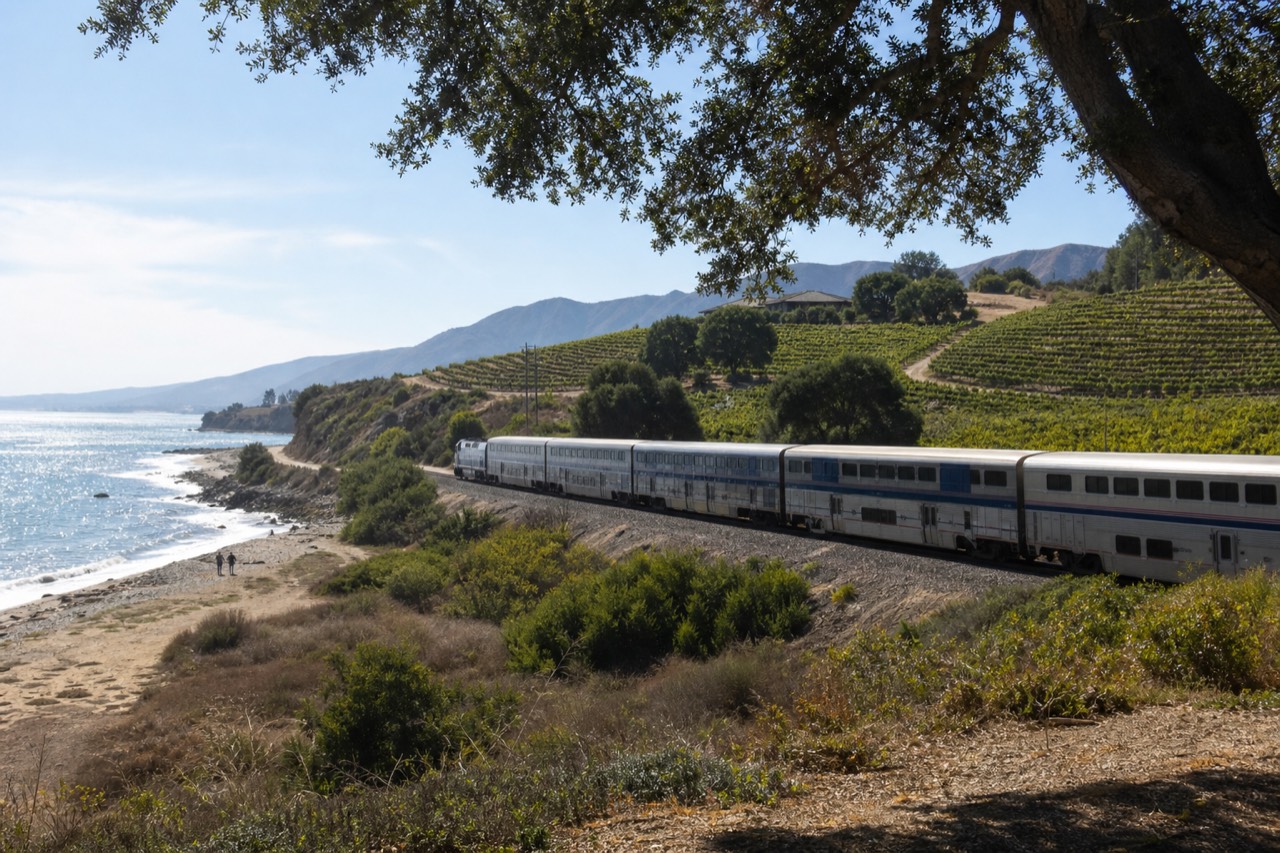 A coastal passenger train passing low bluffs beside the Pacific with vineyard hills rising inland behind the tracks, no text, no logos, no people