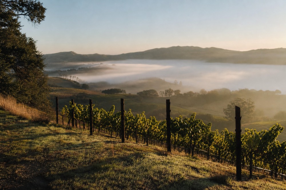 Low morning fog settling over cool coastal vineyard rows on gentle green hills at first light, no text, no logos, no people