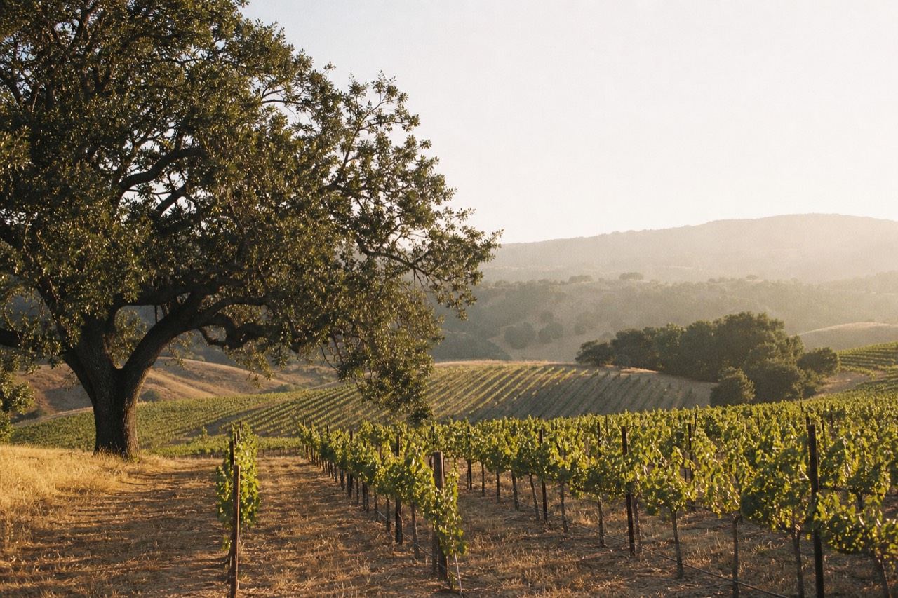 A lone oak standing over golden rolling vineyard rows in the inland Santa Ynez Valley under warm afternoon light, no text, no logos, no people