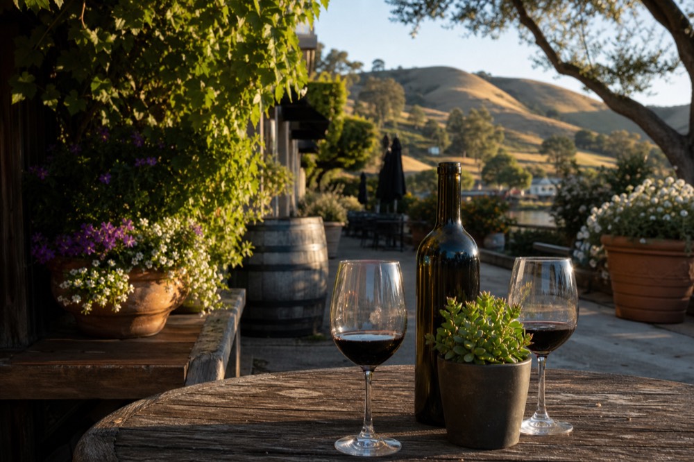 A sunlit outdoor wine-tasting patio with wooden tables and potted flowers on a Solvang side street, glasses catching the light, no text, no logos, no people