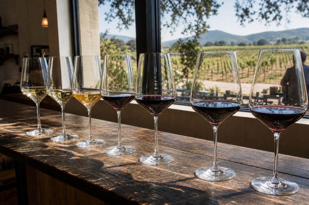 A tasting flight of red and white wines lined up on a rustic counter with vineyard rows visible through a window in warm afternoon light, no text, no logos, no people
