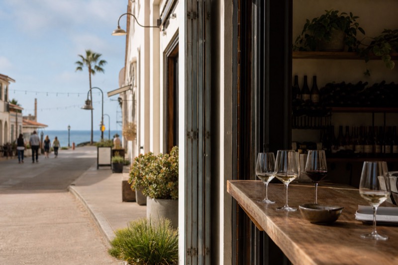 A walkable downtown Santa Barbara tasting-room streetscape near the waterfront, wine glasses on a counter and open roll-up doors in soft coastal daylight