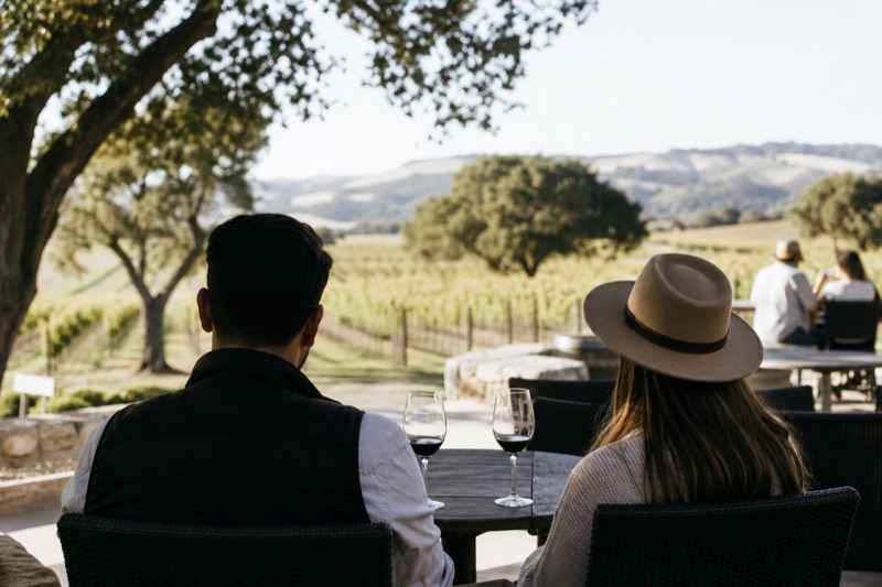 A couple at an unhurried private tasting on a quiet Santa Ynez Valley winery terrace, glasses of red wine on the table, oak-lined vineyard and hills behind