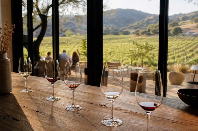 A relaxed cellar-door tasting bench with several wine glasses poured for a small group, Santa Ynez Valley vineyard rows and oak-dotted hills through tall windows in warm light
