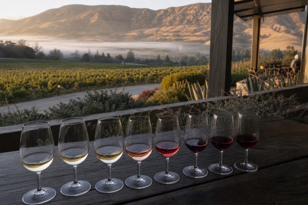 A tasting flight of several wine glasses lined up on a wooden estate terrace overlooking vineyard rows and golden hills, no text, no logos, no people