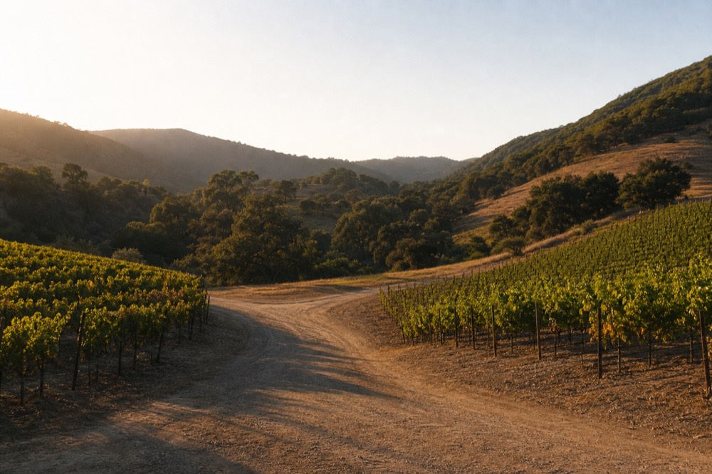 A quiet rural valley road sign-free junction between vineyard blocks with oak-covered hills rising on either side, warm midday light, no text, no logos, no people