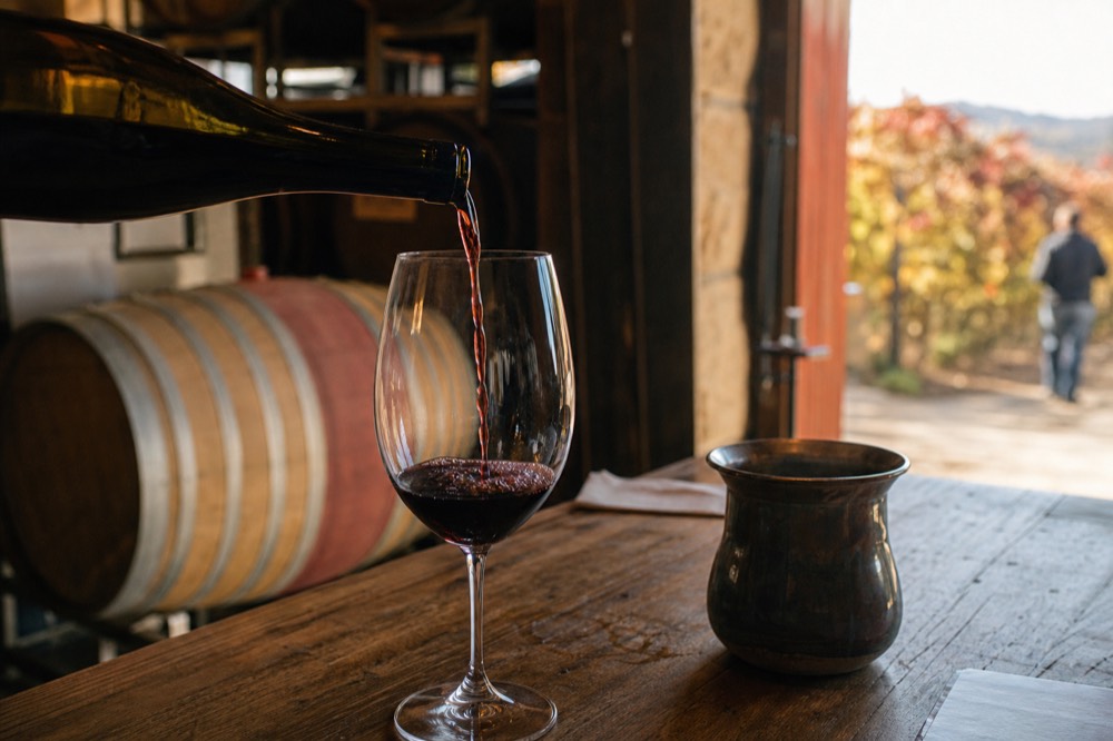 A wine pour caught mid-stream into a glass at a rustic cellar-door counter with barrels blurred behind, warm interior light, no text, no logos, no people