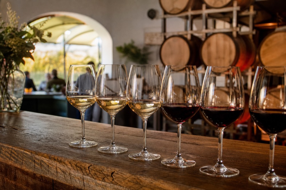 A seated flight of wine glasses lined up on a rustic wooden counter with barrels blurred behind in warm cellar light, no text, no logos, no people