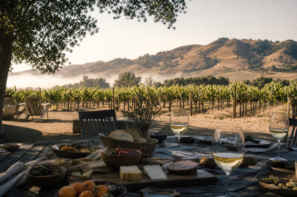 An outdoor lunch table set among vineyard rows with a spread of local produce, cheese and wine glasses in dappled shade, no text, no logos, no people