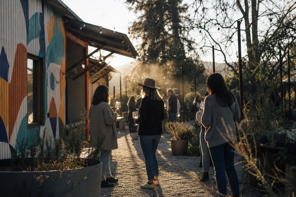 A small group standing with wine glasses outside a Funk Zone tasting room decorated with a colorful mural, string lights overhead in late-afternoon sun, no text, no logos, no people
