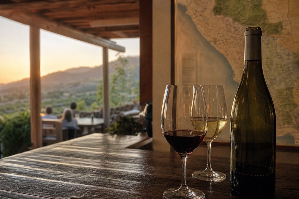 A close view of red and white wine glasses on a tasting counter beside an open bottle, a map of vineyard regions blurred on the wall behind, no text, no logos, no people