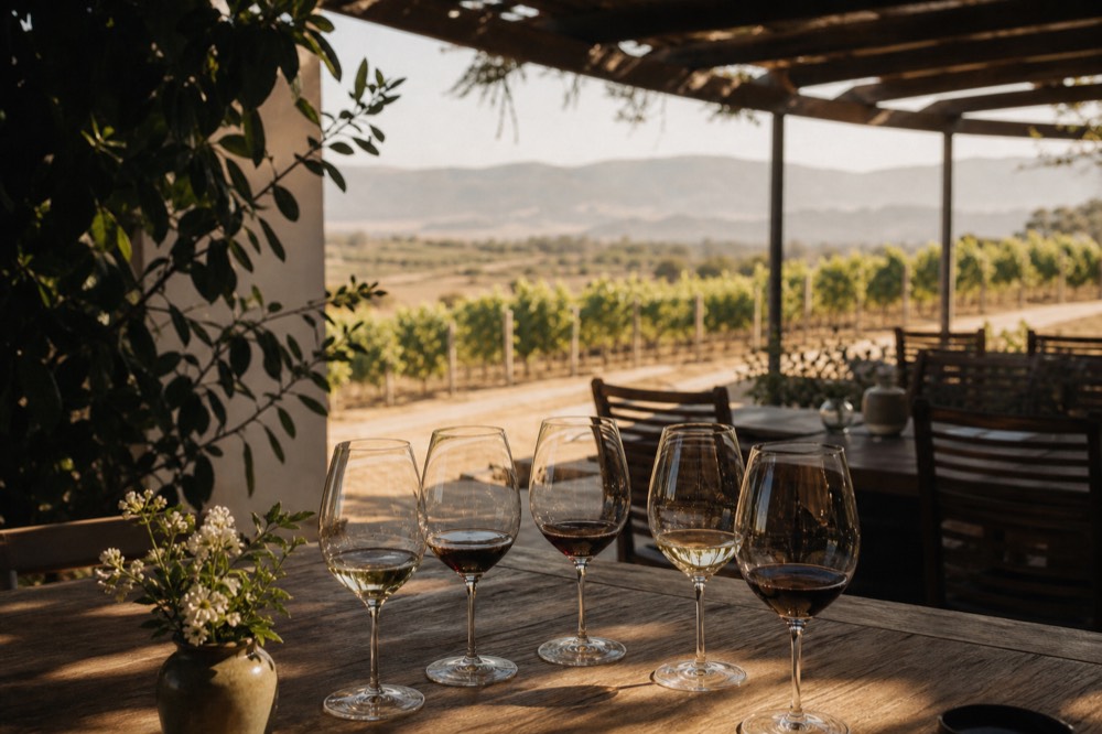 A seated flight of wine glasses on a rustic wooden table on a shaded vineyard patio overlooking the rows, no text, no logos, no people