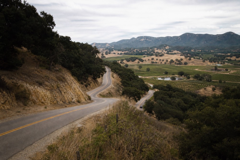 A winding two-lane road climbing over a wooded mountain pass with oak-studded golden hills and vineyards below, no text, no logos, no people