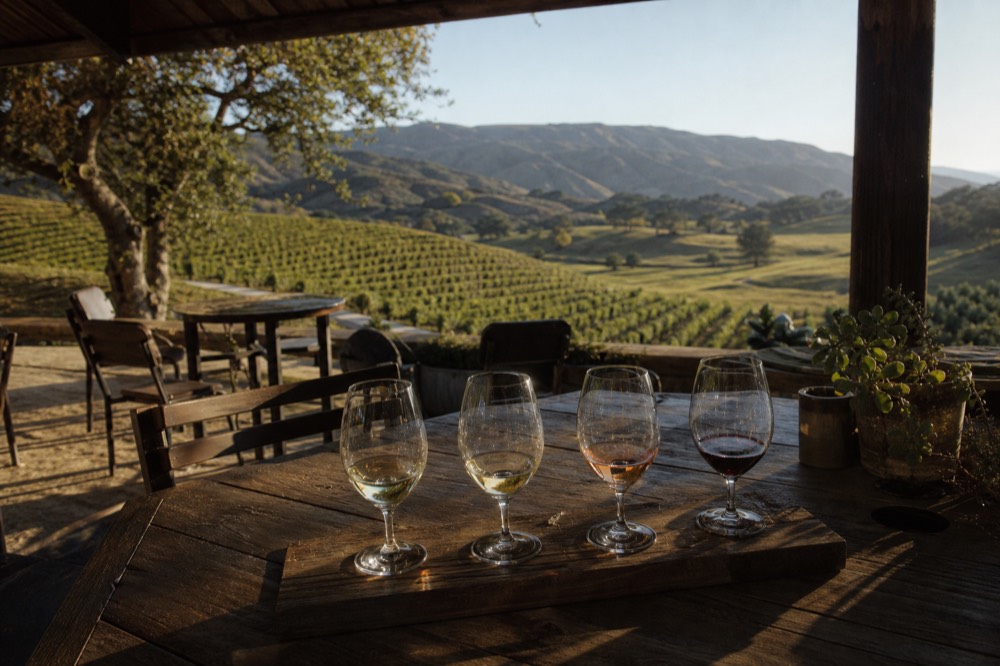 A seated tasting flight of wine glasses on a rustic wooden table on a shaded vineyard patio overlooking the rows, no text, no logos, no people