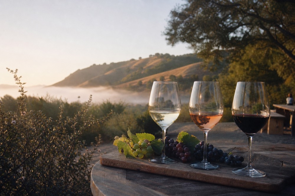 Three glasses of wine graded from pale white to deep red arranged on a wooden board beside a sprig of grapes in warm light, no text, no logos, no people