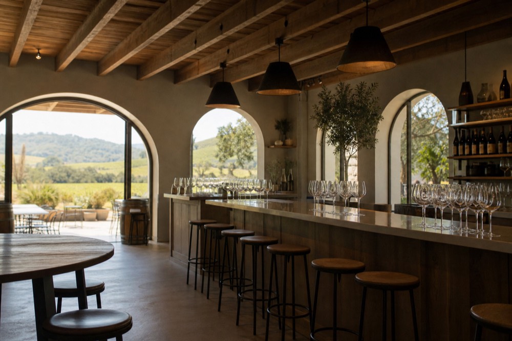 A relaxed Solvang tasting-room counter with empty stools and a row of clean glasses set out under warm pendant lights, no text, no logos, no people
