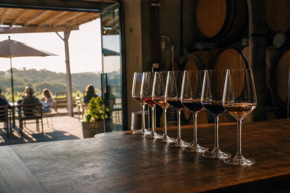 A flight of pale-to-deep red wine glasses lined on a rustic tasting counter with barrels blurred behind, warm interior light, no text, no logos, no people